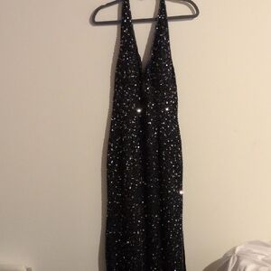 Scala Black Sequin Halter Gown